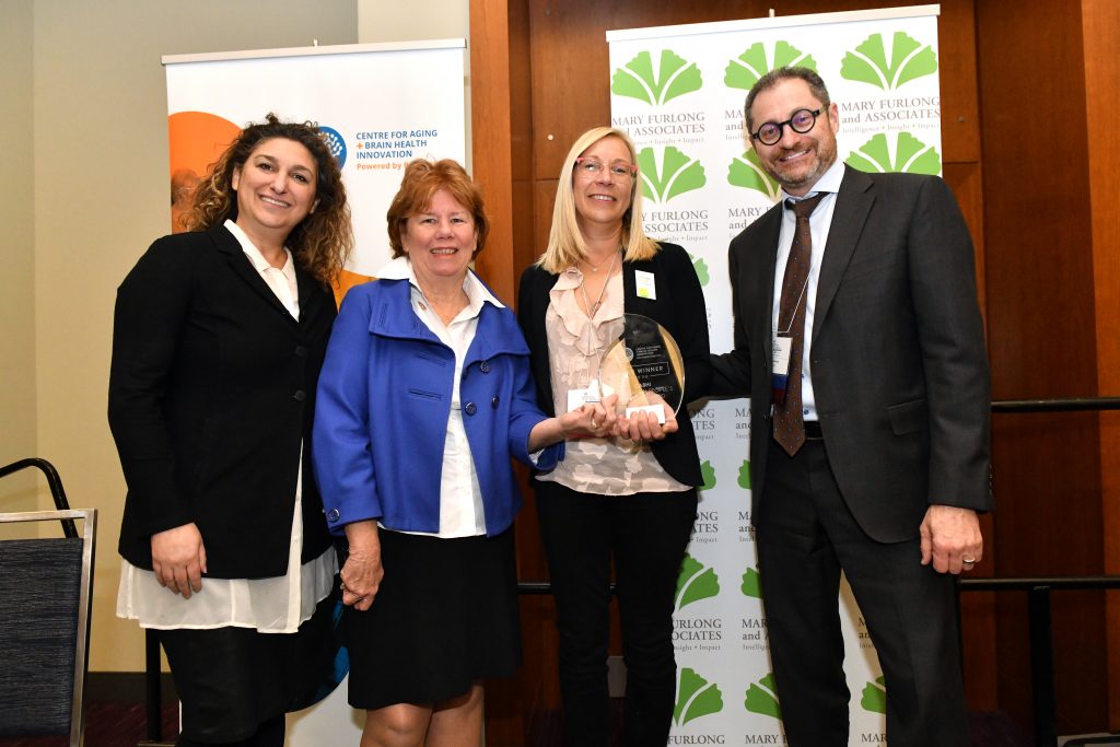 Darmiyan, who are developing an early dementia detection technology with CABHI's support, won the 2019 CABHI Innovation Award. From L-R: Dr. Allison Sekuler (CABHI), Mary Furlong (Mary Furlong & Associates), Dr. Kaveh Vejdani (Darmiyan), and Mel Barsky (CABHI).