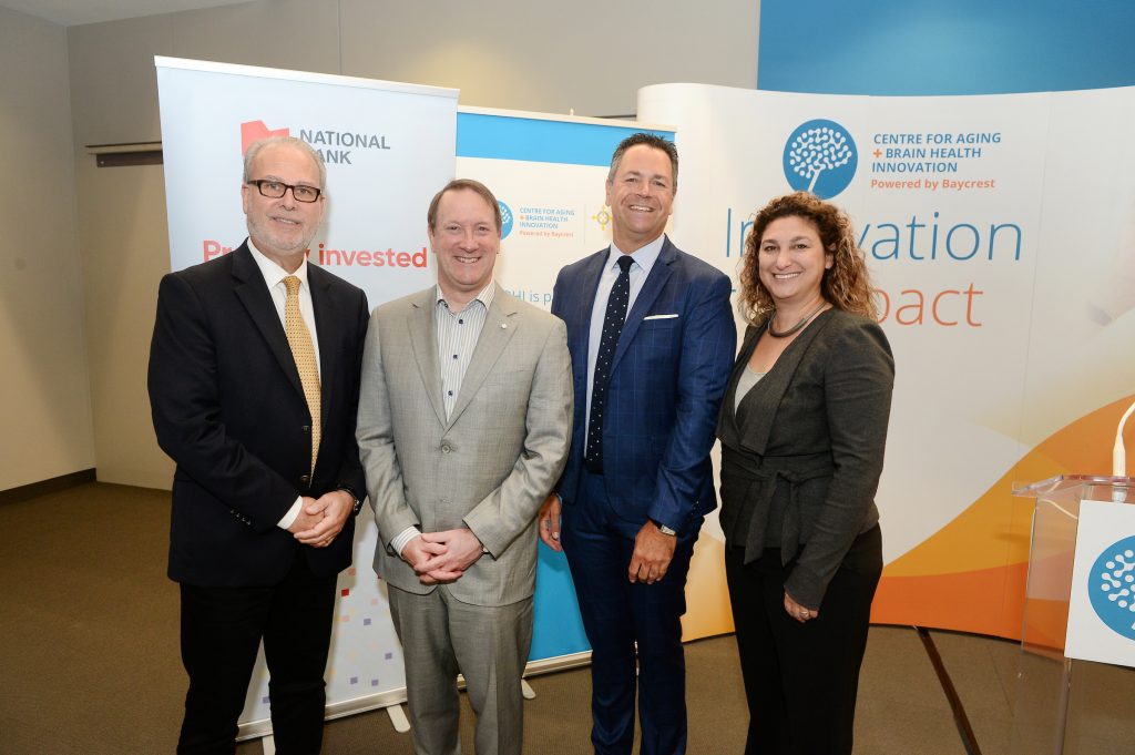 From left to right: Dr. William Reichman, President and CEO of Baycrest; Louis Vachon, President and CEO, National Bank; Josh Cooper, President and Chief Executive Officer, Baycrest Foundation; and Dr. Allison Sekuler, Vice-President, Research at Baycrest, Sandra Rotman Chair in Cognitive Neuroscience and Managing Director of CABHI.