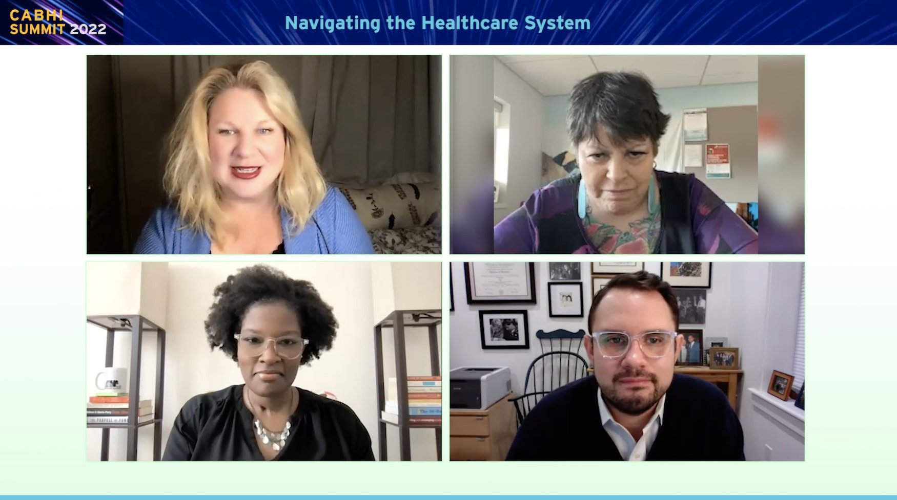 Screenshot from the CABHI Summit: Navigating the Healthcare System panel feat. Laura Tamblyn Watts, Elder Mary Wilson, Aisha Adkins, and Jason Resendez.