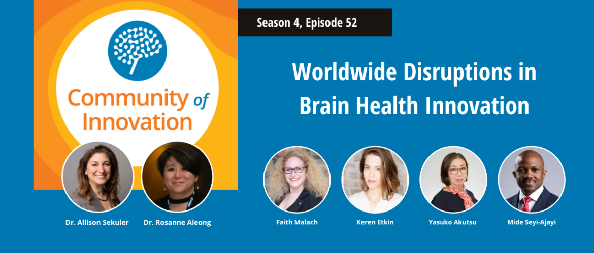 Graphic communicating title of episode ("Worldwide Disruptions in Brain Health Innovation"), podcast logo, and headshots of 2 hosts and 4 guests