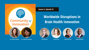 Graphic communicating title of episode ("Worldwide Disruptions in Brain Health Innovation"), podcast logo, and headshots of 2 hosts and 4 guests