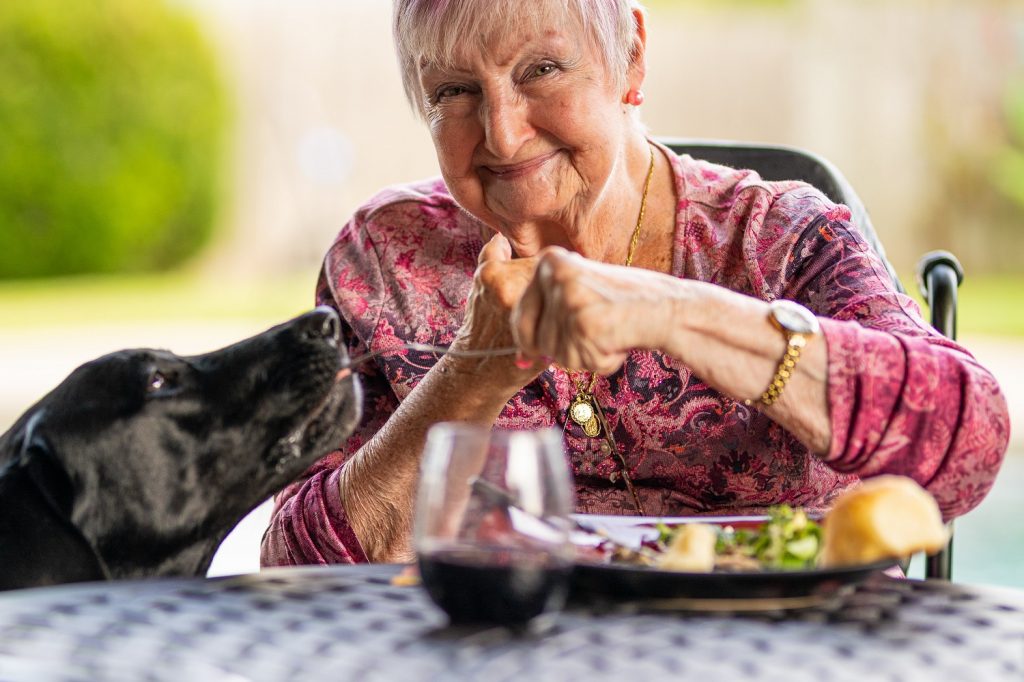 Older adult woman eating with a dog beside her