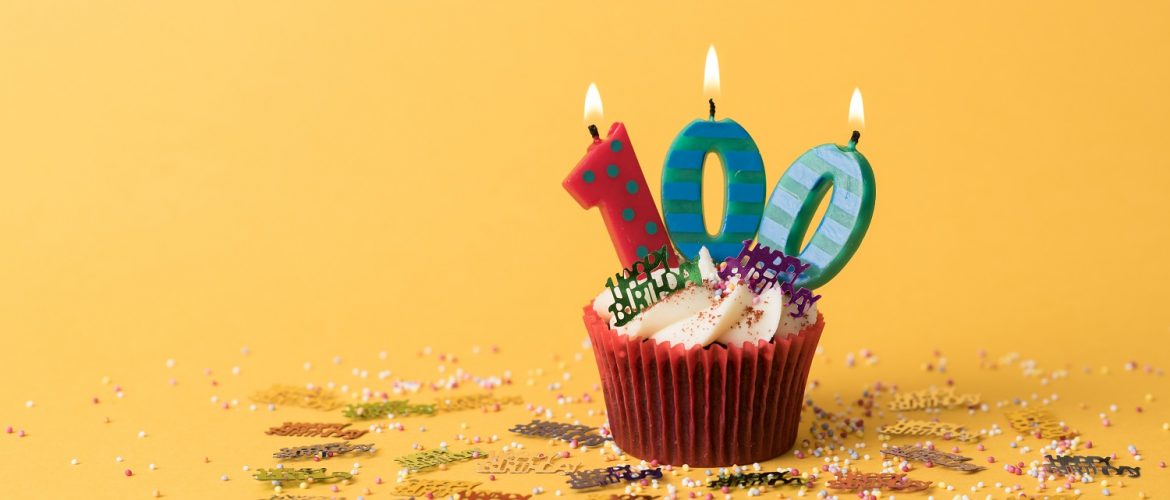 A cupcake with birthday candles spelling out 100.
